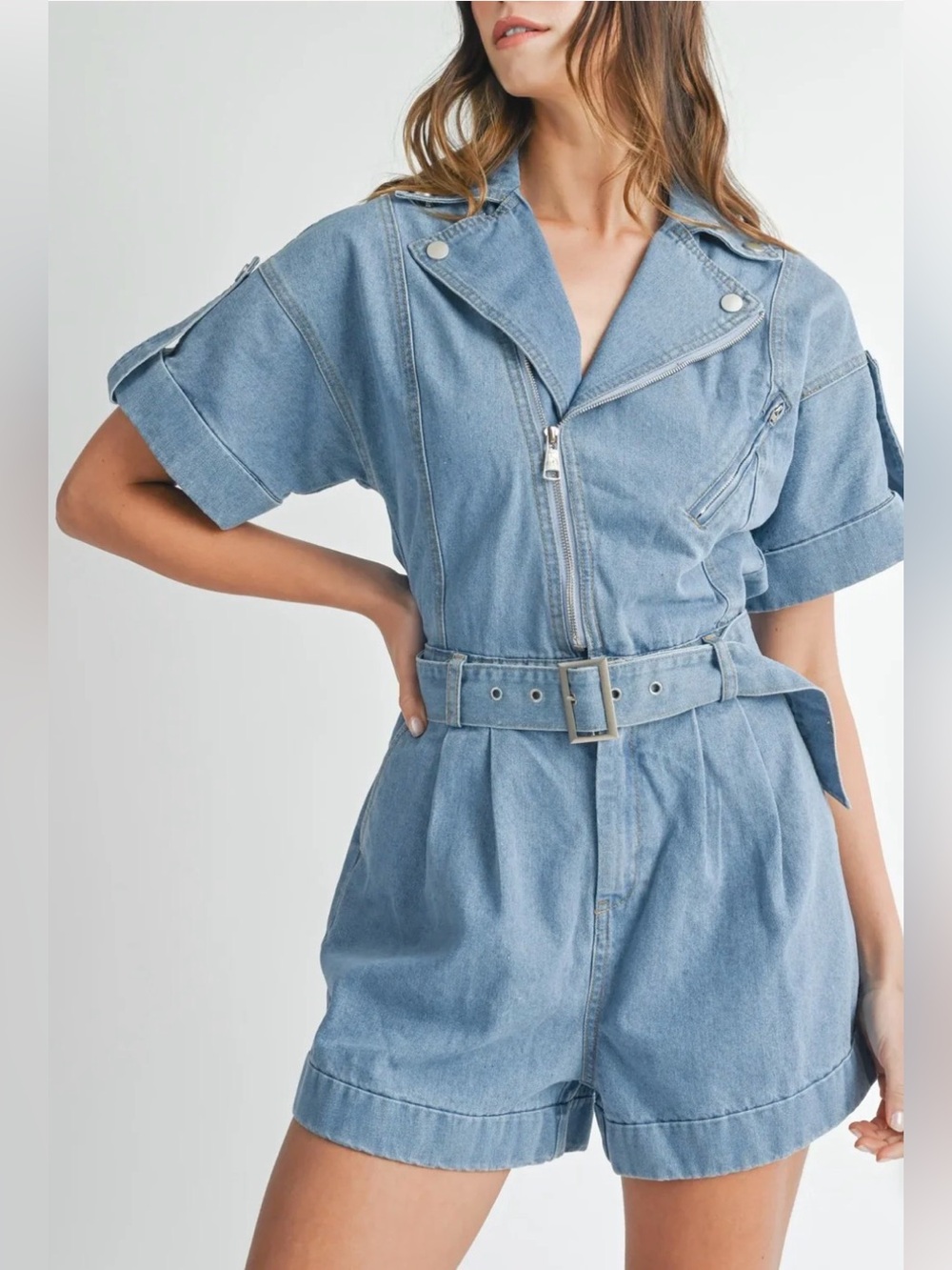 A610. Mable Light Wash Denim Short Jumpsuit Romper with Belt - Picture 2 of 6